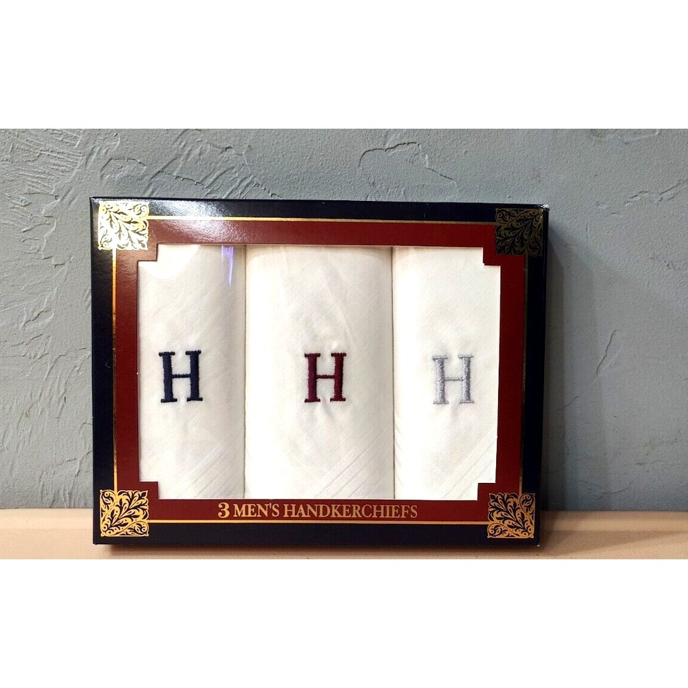 3 Men's Handkerchiefs-‎ Embroidered With A "H". -All Cotton-New/ Sealed